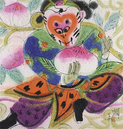 柯明 《十二生肖之蟠桃猴》 纸本设色 46cm×47cm 1991 南京美术馆馆藏