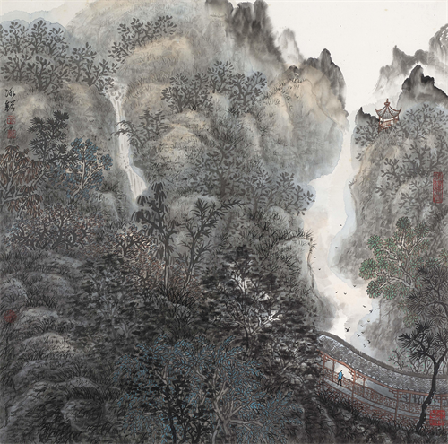 王剑阁《秋山流云图》纸本水墨 69cm×69cm 年代不详  南京美术馆馆藏