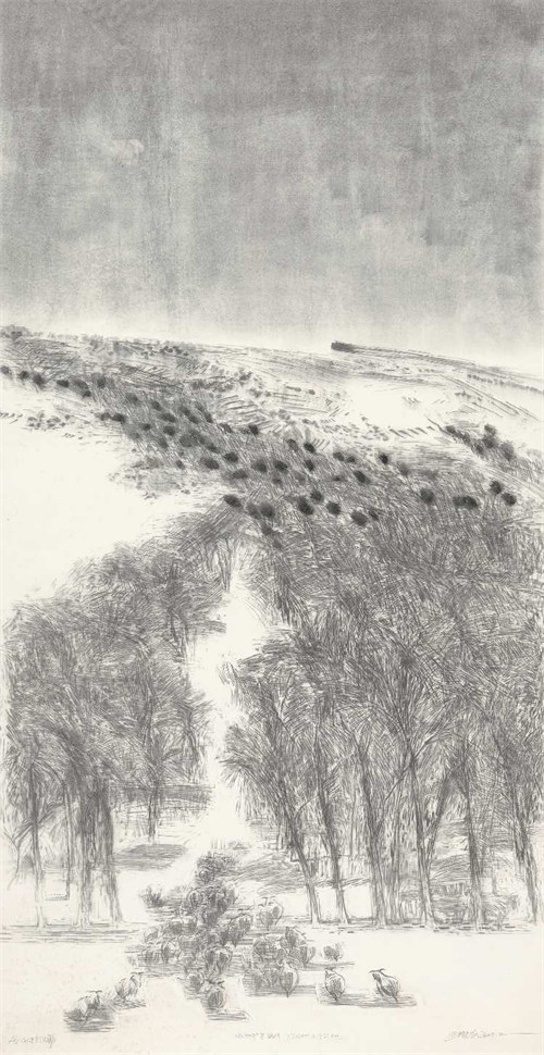 张放  《山村叙事》  水印木刻  180cm×97cm